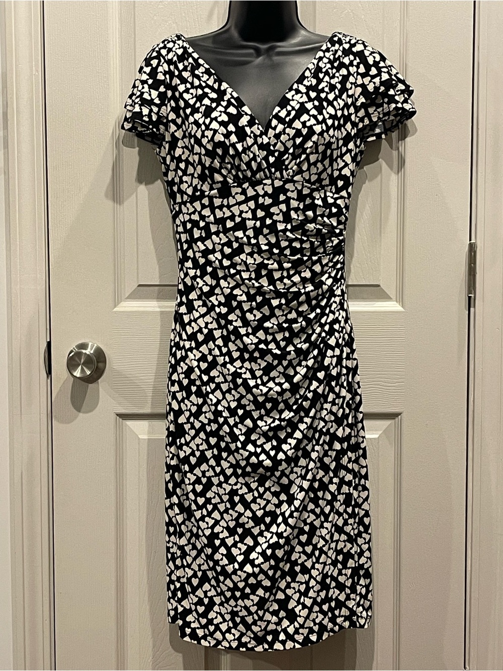 Lauren Ralph Lauren Black & White Heart-Print V-Neck Ruched Dress